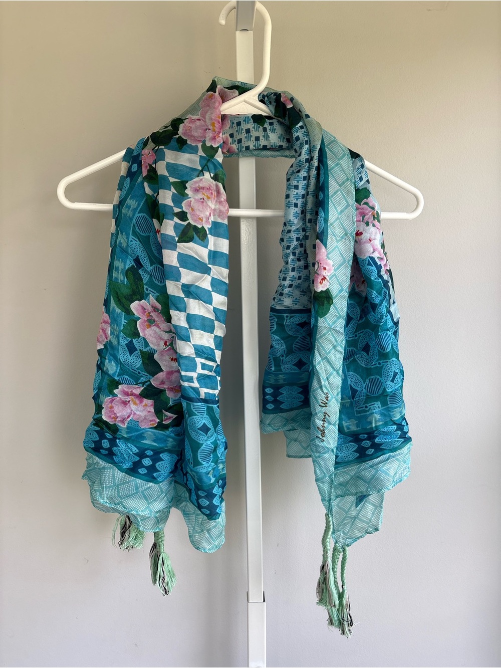 Johnny Was 100% Silk Scarf Blue Floral Boho Patchwork Tassel Fringe